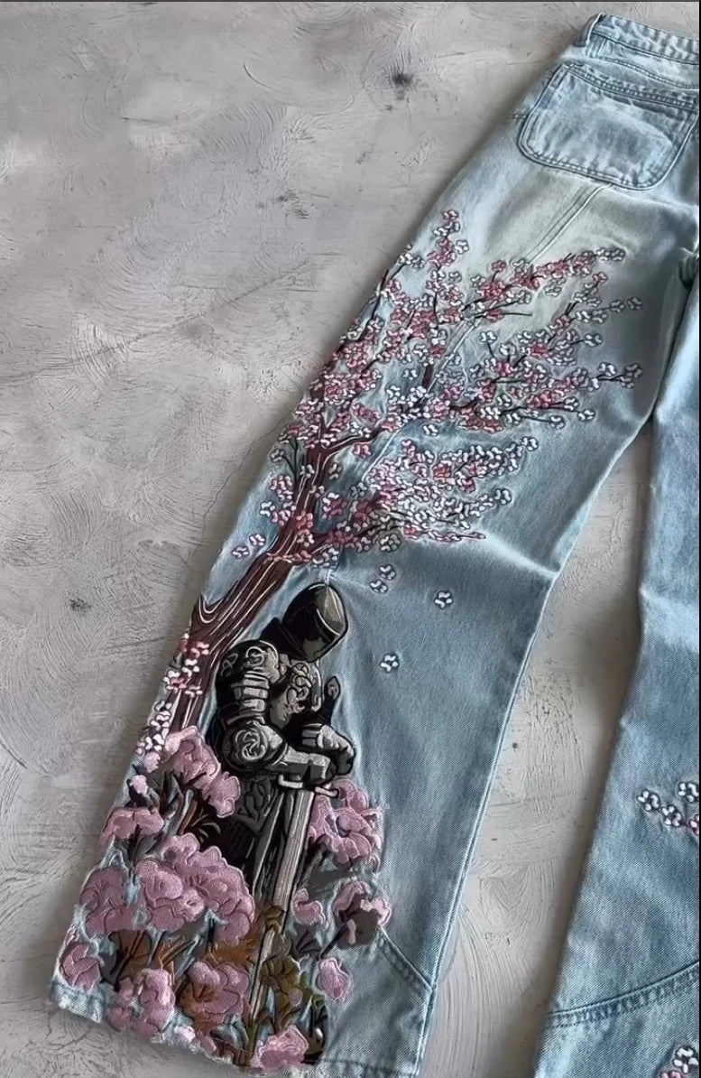 Fallen Blossom Knight Embroidered Jeans